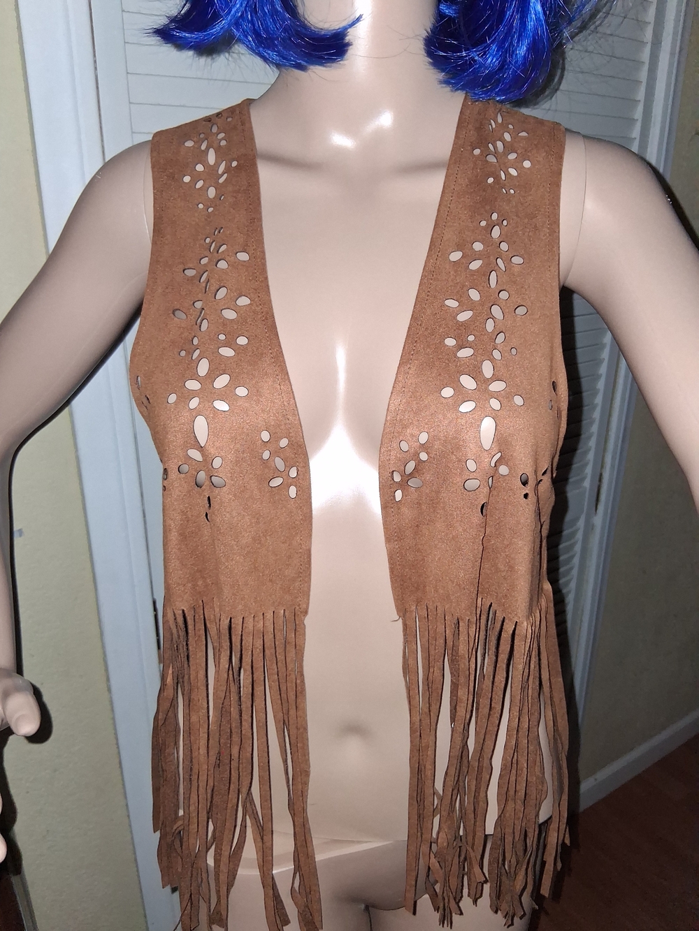 Mauve Brown Suede-Effect Fringe Vest with Laser Cut Details